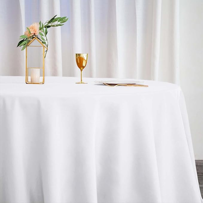 Efavormart Round Tablecloth, 132 Inch Stain & Wrinkle Resistant Washable Table Cloth, Decorative Polyester Fabric Table Cover for Banquet, Wedding, Dining- White