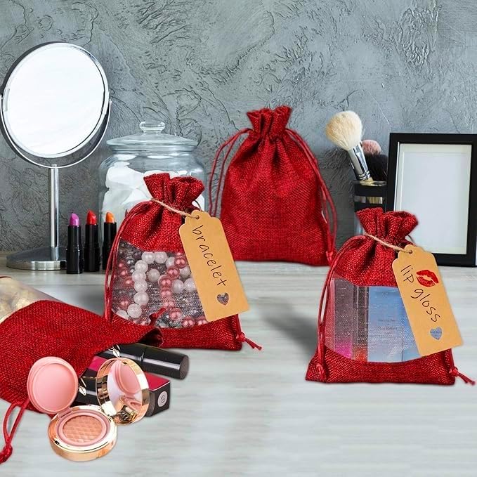 Gift Bags, 50 Pack Red Linen Sheer Organza, 4x6 Inch with Drawstring