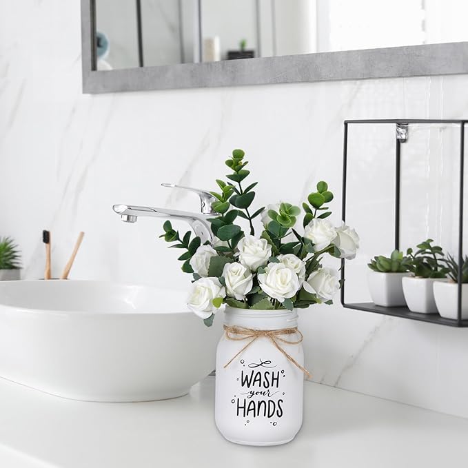 XunYee Farmhouse Bathroom Decor Wash Your Hands Sign Mason Jar with Flowers 16.9 oz White Mason Jar Centerpiece Table Rustic Decor for Restroom Bathroom Shelf Bridal Shower Kitchen
