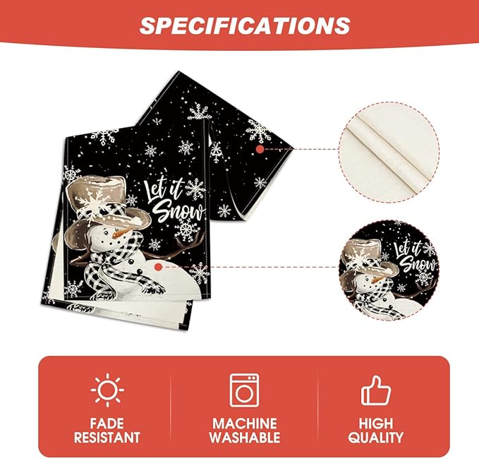 Artoid Mode Black Snowman Snowflake Let it Snow Winter Table Runner, Christmas Kitchen Dining Table Decoration for Home Party Decor 13x90 Inch