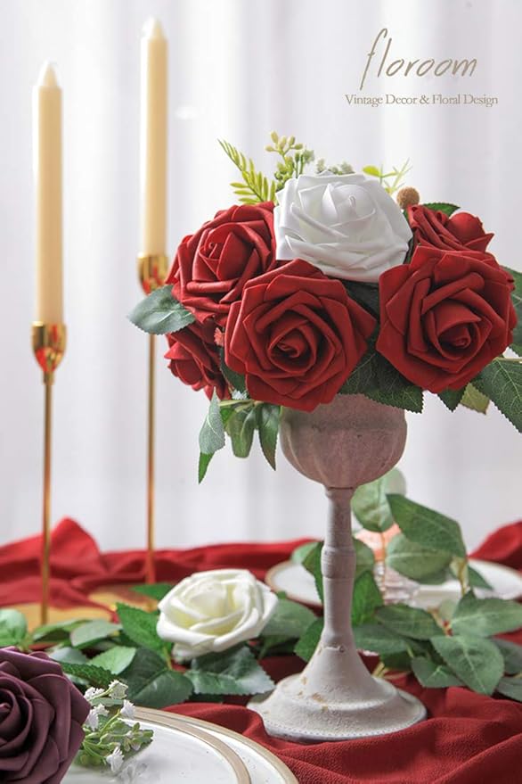 Floroom Artificial Flowers 25pcs Real Looking White Foam Fake Roses with Stems for DIY Wedding Bouquets Bridal Shower Centerpieces Floral Arrangements Party Tables Home Decorations