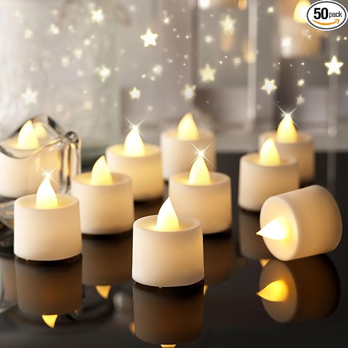 Amagic 50 Pack LED Tea Lights, Flameless Votive Candles, Lasting Electric Fake Small Candles, Battery Operated Tealights Candles for Halloween, Christmas, Home Decor, Wedding, Party, Festival (White)