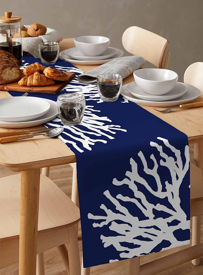 Coastal Coral Cotton Linen Table Runner for Dining Kitchen, Wedding Outdoor Party Tablerunners Decoration, Navy Blue Nautical Ocean Beach Dresser Scarf Coffee Tablecloth Runners 13x108 Inches