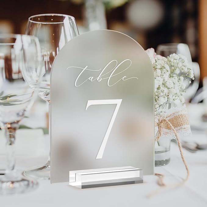 JINMURY Frosted Arch Table Numbers for Wedding, 5x7 Inch Arched Acrylic Table Numbers 1-20 with Stands, Frosted Acrylic Arch Sign with Holder for Centerpiece, Reception, Wedding, Party, Event