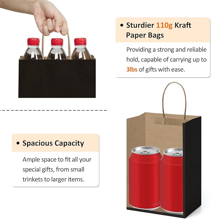 Small Black Paper Gift Bags, 150 Count, 5.25 x 3 x 8 Inch with Handles