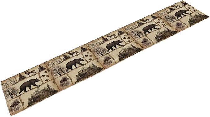 Rustic Cabin Table Runner, Retro Moose Cone Deer Bear Farmhouse Lodge Table Runner for Dinner Living Room Kitchen Vintage Country Cottage 13x108 Inch
