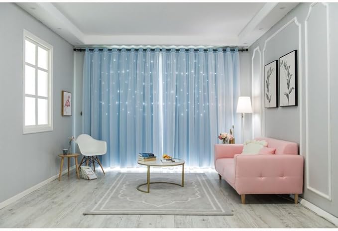 FANLI 2 Panels Star Blackout Curtains for Kid Girls Bedroom Living Room Darking Stripe Double Layer Star Cut Out Wall Home Decor Gradient Grommet Window Curtains (Blue 84L)