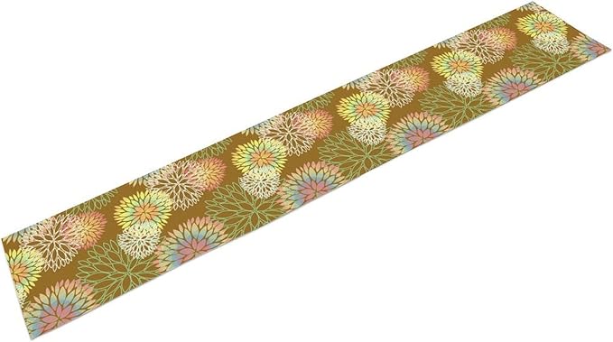 Brown Grey Dahlia Flower Table Runner, Linen Geometric Pattern Floral Table Decor Spring Farmhouse Decorations for Kitchen Dining Holiday Party Decor, 13x90 Inch
