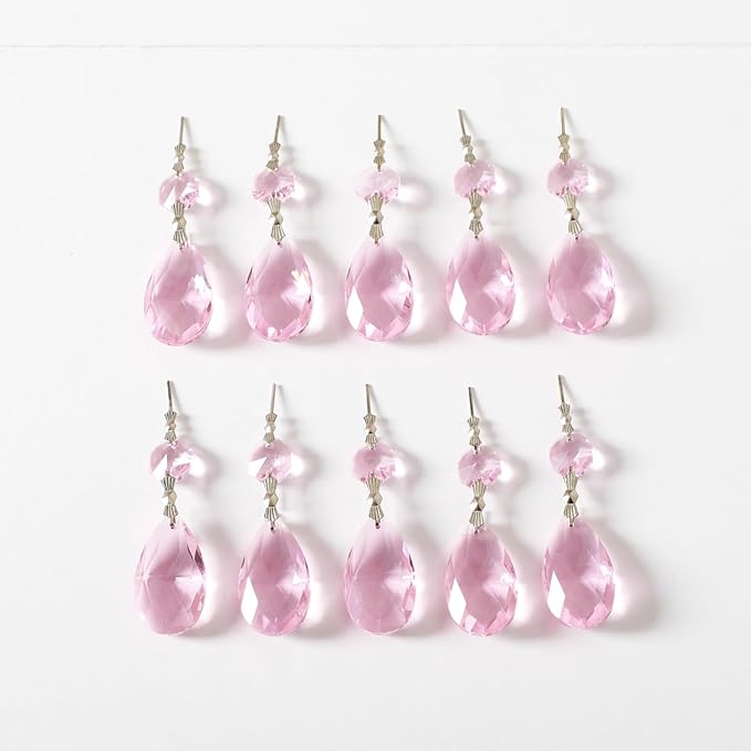 10pcs Crystal Prisms Chandelier Pink Ornament Pendants Rainbow Maker 38mm Drop Prism Hanging Prisms for Wedding Party Chrismtmas Decoration DIY Jewelry