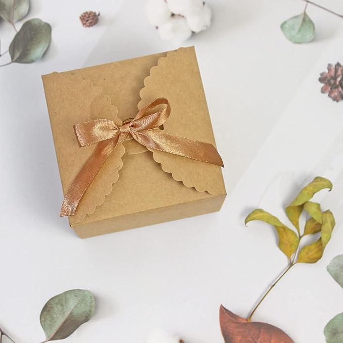 Brown Box for Presents, 10 Pack Small Empty Kraft Paper Gift Boxes with Ribbon For Packaging Candy, Cookie, Chocolate, Craft, Candle, Small Gifts, 4.75” x 4.75” x 3.53”
