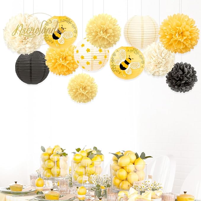Tissue Pom Poms and Paper Lanterns, 12 Pieces, Yellow Bee Design