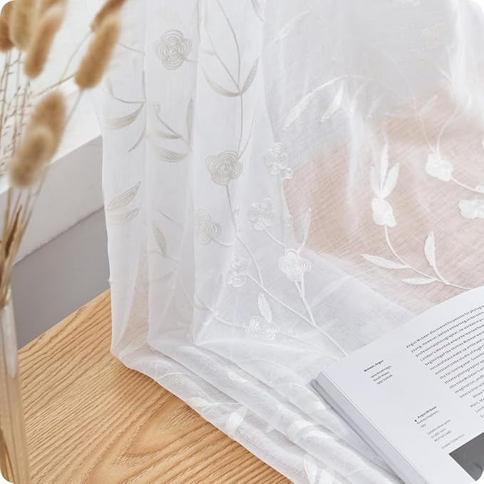 Sheer Curtains Floral Embroidery White 84 Inch Long Rod Pocket Lace Drapes for Living room, Bedroom, 2 Panels, 52"x84", Semi Voile Pattern Outdoor Window Treatment Sets for Yard, Patio, Villa, Parlor.