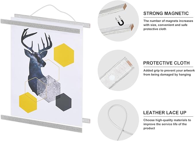 Magnetic Poster Hanger, 21x21 21x15 21x27 Poster Frame Wood Wooden Magnet Print Posters Dowel Scroll Hanger Hangers Hanging Kit for Walls Map Canvas Artwork (Grey, 21")