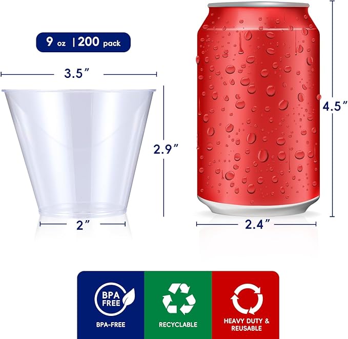 Heavy-Duty Clear Plastic Party Cups, 9 oz, Pack of 200 Disposable Tumblers