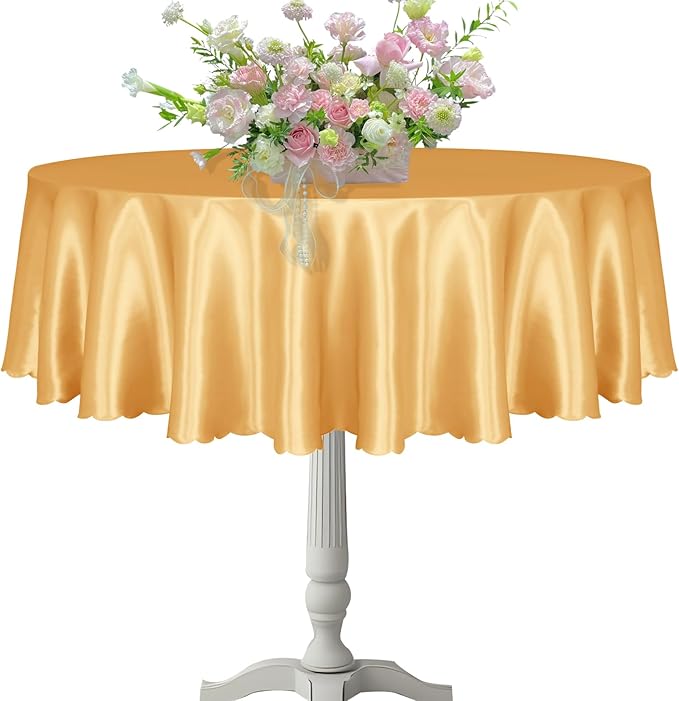 KKJIAF 1 Pack 60 Inch / 5ft Round Table Cloth, Gold Overlay Round Satin Table Cover, Silky Satin Dining Tablecloths for Wedding Buffet Parties Banquet Decoration