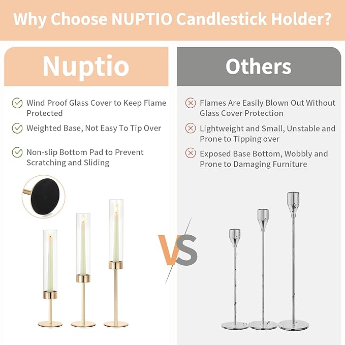 NUPTIO Candle Stick Holder for Wedding: 18 Pcs Tall Hurricane Gold Candles Holder with Clear Glass Chimney Cover - Tapered Candlestick Decor Bulk for Party Centerpiece