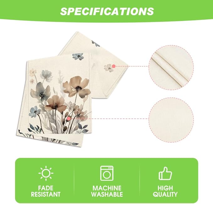 Artoid Mode Brown Poppy Floral Leaves Spring Table Runner, Seasonal Summer Kitchen Dining Table Decoration for Home Party Decor 13x120 Inch