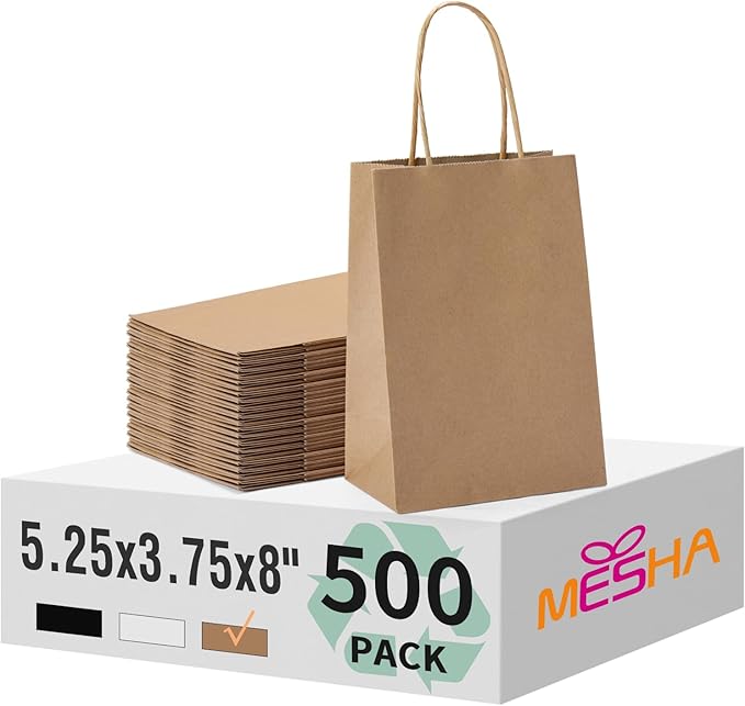 Gift Bags, Brown Kraft Paper, 5.25 x 3.75 x 8 Inch, Pack of 500