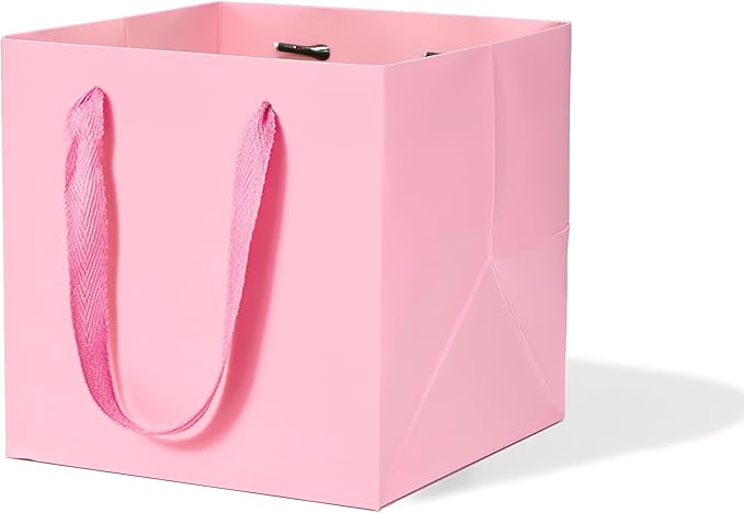 Pink Square Gift Bag 8 in Paper Gift Box Large Square Bottom Kraft Paper Bags with Handles for Party Favor, Birthday Gift Bags (Pink, 8 x 8 x 8 in, 10 CT)