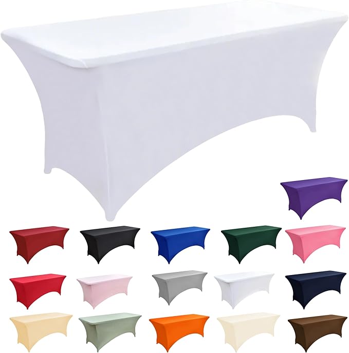10-Pack 8ft White Spandex Table Covers for Rectangle Folding Tables - Washable Elastic Tablecloth - Ultimate Fitted Table Protector for Parties, Trade Shows, Banquet, and Wedding