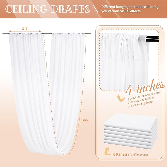 6 Panels White Ceiling Drapes for Wedding 5ftx15ft Sheer Drapery Chiffon Fabric Arch Draping Curtains for Party Ceremony Birthday Baby Shower Reception Stage Ceiling Decorations