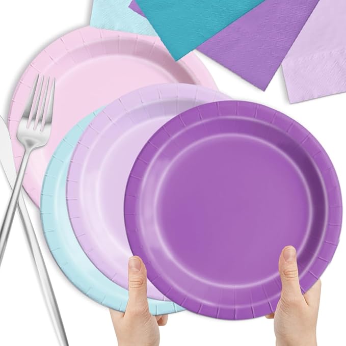 Party Packs: Mermaid Paper Plates and Napkins, 60 Count, 5 Plate Colors