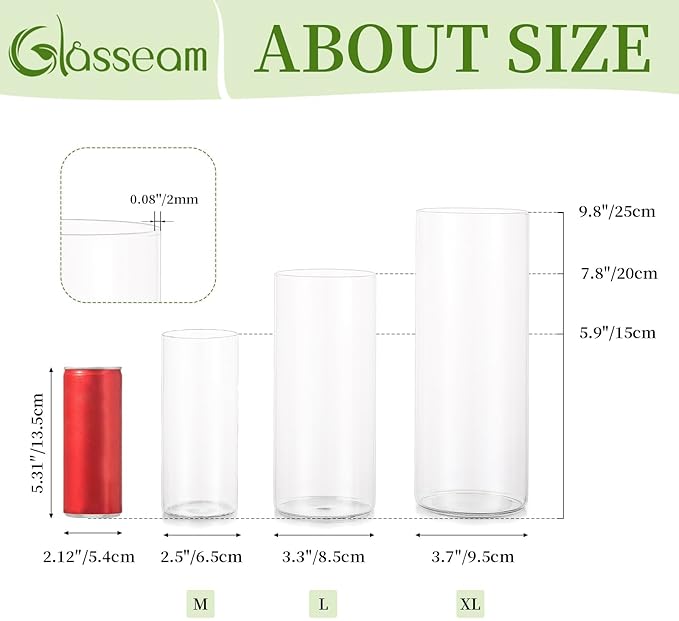 Glasseam Cylinder Vases Set of 12, Hurricane Candle Holder Clear Assorted Sizes, Modern Glass Cylinder Vase, Glass Vases for Centerpieces for Home Decor Wedding Centerpieces, Events, 6''+7.8''+10''