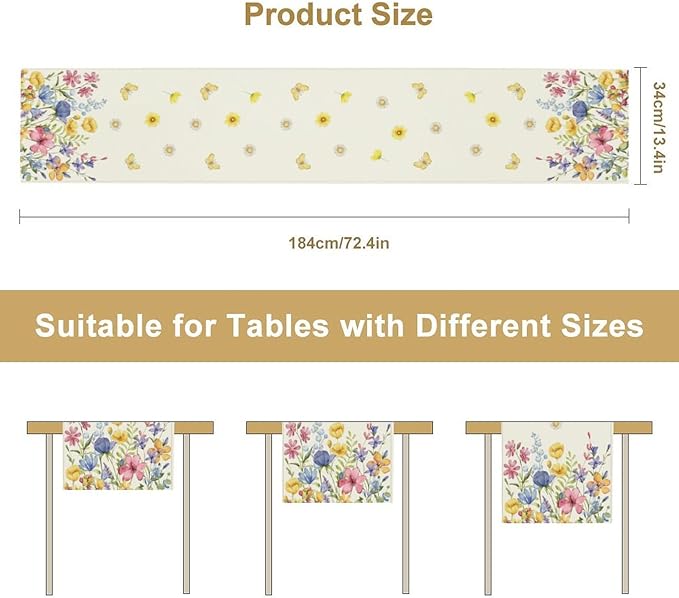 Flower Table Runner, Colorful Watercolor Pink Flower Plants Nature Butterfly Table Runner for Kitchen Dinner Living Room Home Party, 13x108 Inch