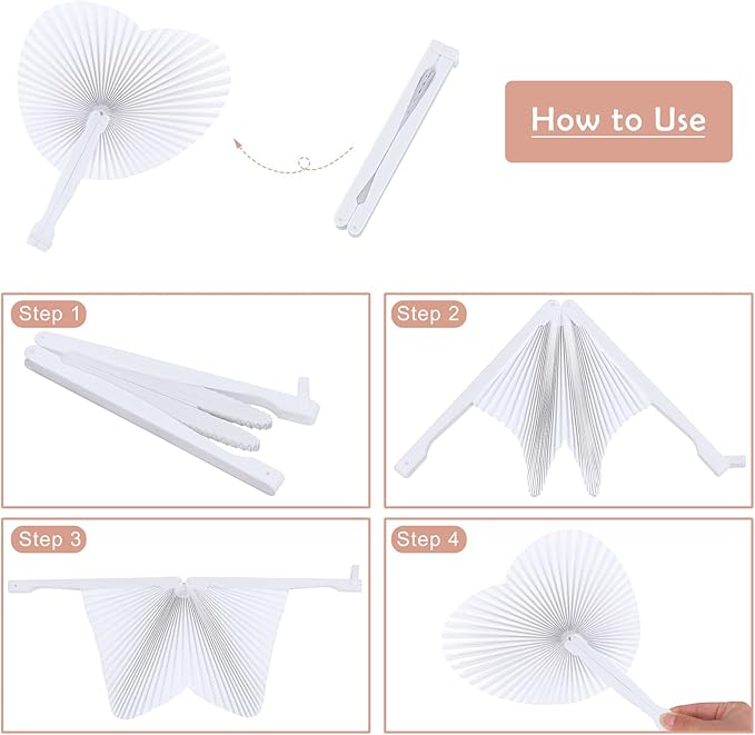 Aodaer 72 Pack Heart Shaped Folding Fans White Paper Fans Handheld Fans with Plastic Handles for Party, Wedding, Anniversary Decoration