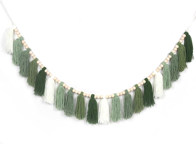 Tassel Garland, 20 Yarn Tassels, 65 Inch, Sage Green Boho Wall Decor