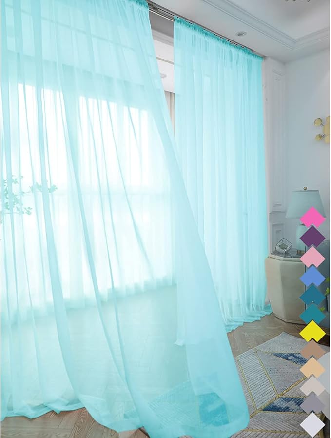 Window Lake Blue Sheer Curtains 108 Inches Long 2 Panels Sheer Curtain Basic Rod Pocket Panel for Bedroom Children Living Room Yard Kitchen