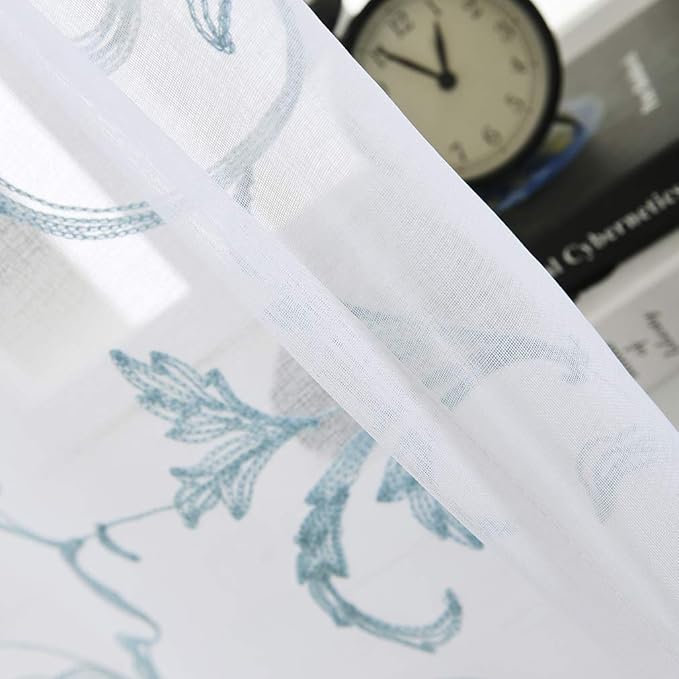 Embroidered Floral Sheer Curtains Blue 63 Inch , Rod Pocket Voile Drapes for Living room, Bedroom, Vintage Embroidery Semi Crinkle Curtain Panels for Yard, Patio, Villa, Parlor, Set of 2, 52"x 63".