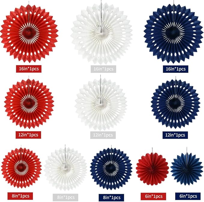 BEISHIDA Red White Blue Hanging Honeycomb Round Paper Fans Decoration Patriotic Theme Tissue Paper Fan Garland for Baby Shower Kid Birthday Graduation Wedding Party Supplies（11packs）