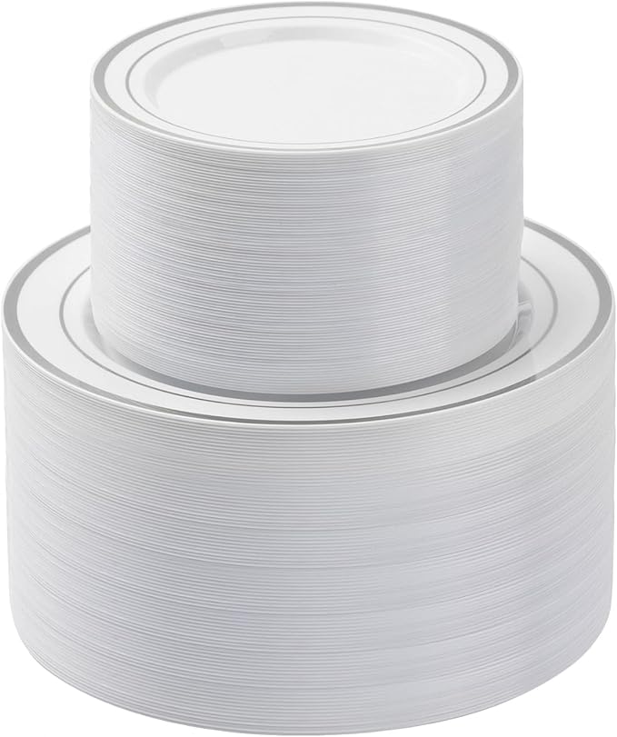 200PCS Silver Plastic Plates Set, 100 10.25 inch Dinner Plates and 100 7.5 inch Dessert Plates, Premium Disposable Plates for Party, Wedding