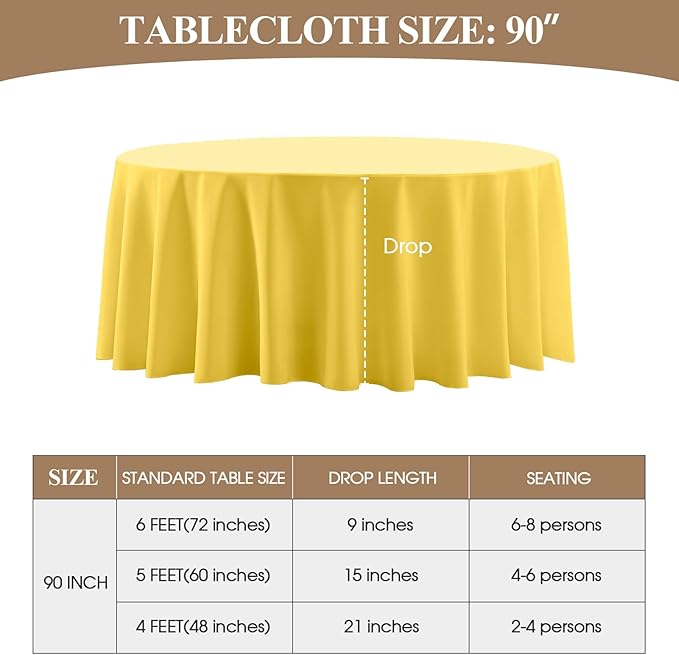 Tablecloths, 6 Pack, 90 Inch Round Yellow Polyester