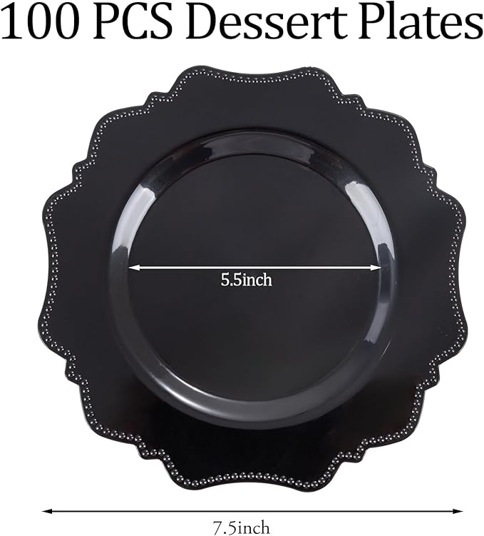 Dessert Plates, 7.5 Inch Black Plastic, 100 Count, Ceramic-Look Disposable