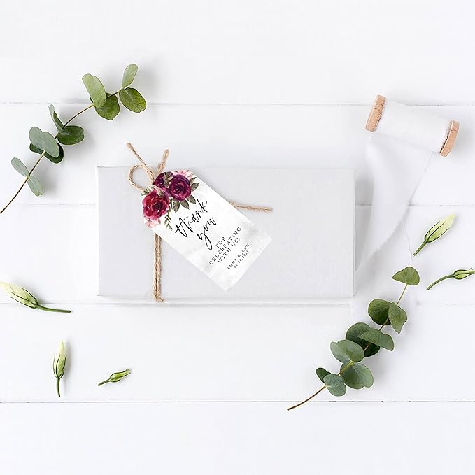 Andaz Press 100-Pack Personalized Thank You for Celebrating with Us Wedding Favor Tags with Bakers Twine Burgundy Florals Custom Cardstock Gift Tags for Wedding Party Favors 2 x 3.75-Inches
