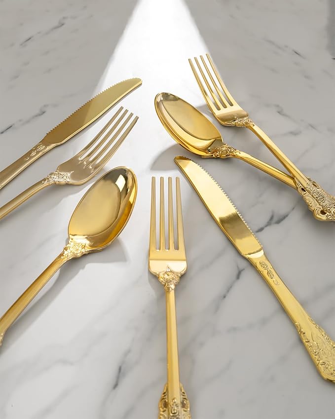 Disposable Gold Plastic Silverware Set, 150 Pieces Heavy-Duty Utensils