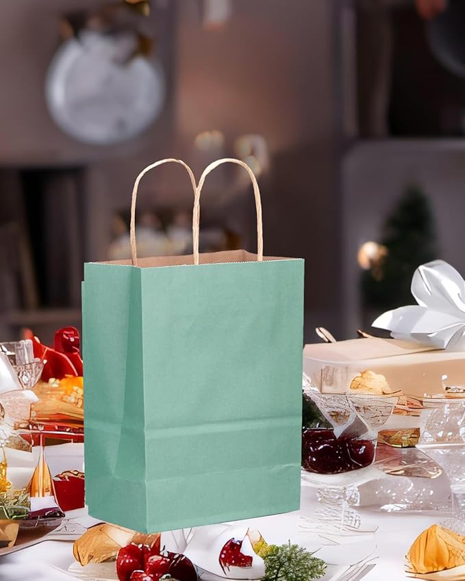 qiqee 50-Packs Gift Bag with Handles Bulk Kraft Light Blue Paper Bags Multiple Uses (8.3"x3"x6"inch Small Size)