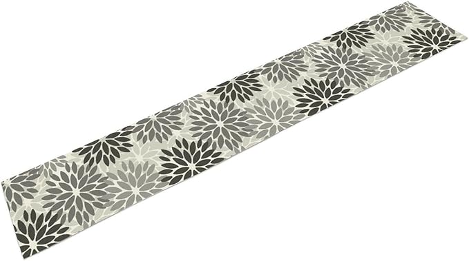Gray Dahlia Flower Table Runner, Vintage Modern Linen Geometric Pattern Floral Table Runner Spring for Farmhouse Kitchen Dining Party Holiday Party, 13x120 Inch