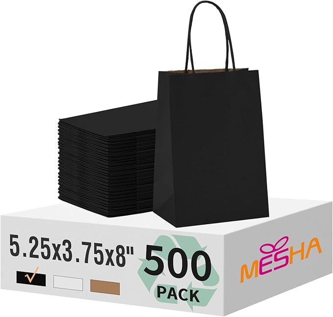 Gift Bags Black Kraft Paper with Handles, 500 Count