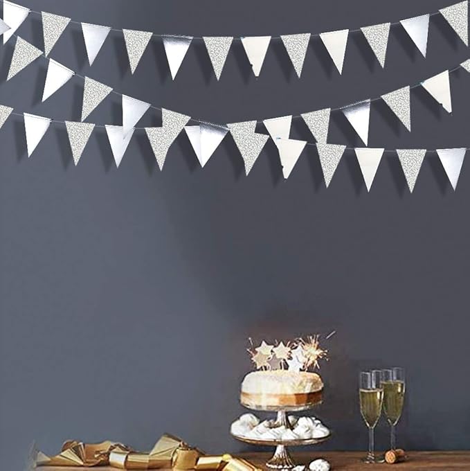 30 Ft Silver Party Decorations Glitter Metallic Paper Triangle Banner Flag Garland Pennant Bunting for Graduation Wedding Engagement Anniversary Bachelorette Birthday Baby Bridal Shower Party Supplies