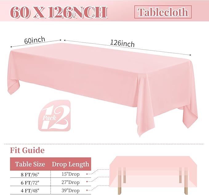 12 Pack Polyester Tablecloth 60 x 126 Inch Pink Tablecloth for 8 Ft Rectangle Tables,Stain and Wrinkle Resistant Washable Fabric Table Covers Polyester Table Clothes for Wedding Parties Banque