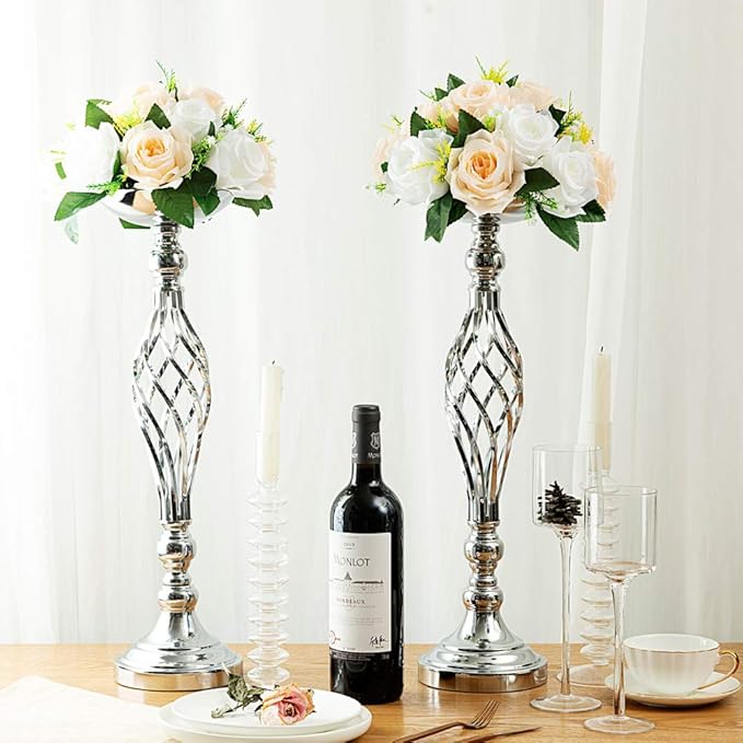 Candlestick Holders, 2 Pack, Silver Metal, 20.5-Inch Table Centerpiece Stands