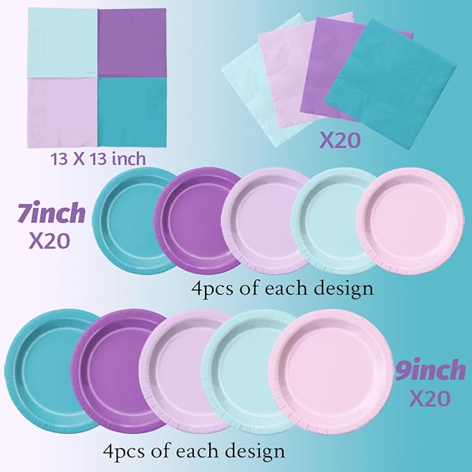 Party Packs: Mermaid Paper Plates and Napkins, 60 Count, 5 Plate Colors