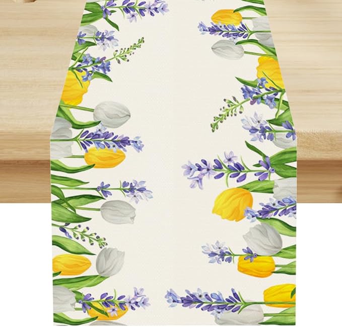 Floral Tulip Lavender Table Runner, Spring Watercolor Flower Plants Nature Butterfly Table Runner for Kitchen Dinner Living Room Home Party, 13x108 Inch