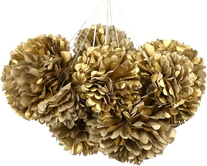 Tissue Pom Poms, Gold Glitter Paper, 12 Pack in 10 and 12 Inch