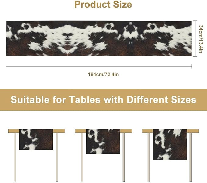 Cow Print Table Runner, Brown Cowhide Print Western Style Table Runner Country Farmhouse Cottage Cow Patten Table Decoration for Home Kitchen Dining, 13x120 Inch