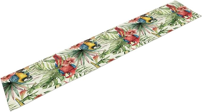 Parrot Table Runner,Tropical Palm Leaf Colorful Macaw Bird Watercolor Print Tablecloth Burlap for Hotel Indoors Outdoor Dining Room Kitchen Home Decor,W13X L90 in