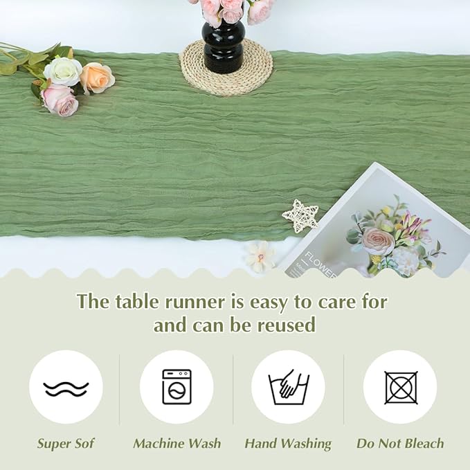 10 Pack Olive Green Cheesecloth Table Runner -21*120Inch Long Boho Wedding Table Decor, Rustic Gauze Fabric Runner for Bridal Showers, Baby Showers & Parties (Sheer, Lightweight, Wrinkled Design)